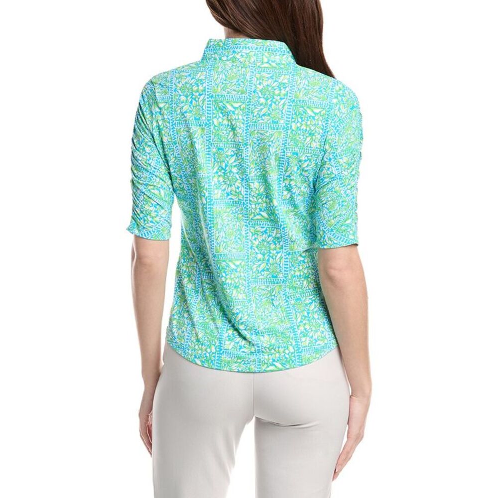 Ibkul Womens Ruched Elbow Sleeve Mandarin Collar Top, Green - Picture 2 of 3